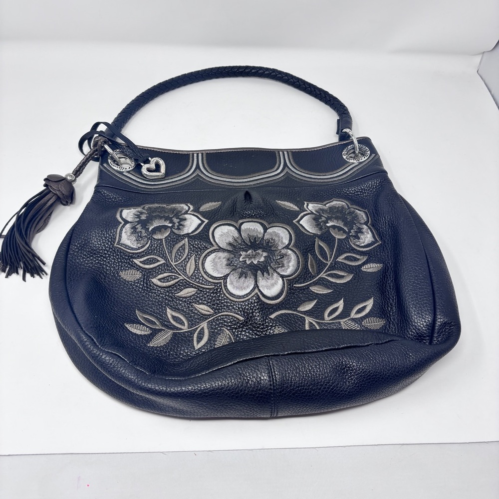 Brighton Black Floral Embroidered Leather Shoulder Bag Woven Strap Black Silver
